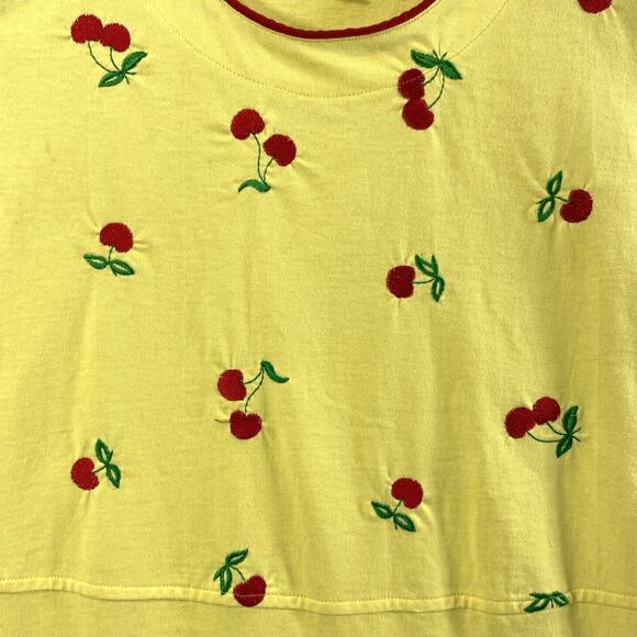 Vintage Womens Fruit Dress Size Small Butter Yellow Embroidered Cherries Cottage - Picture 2 of 10